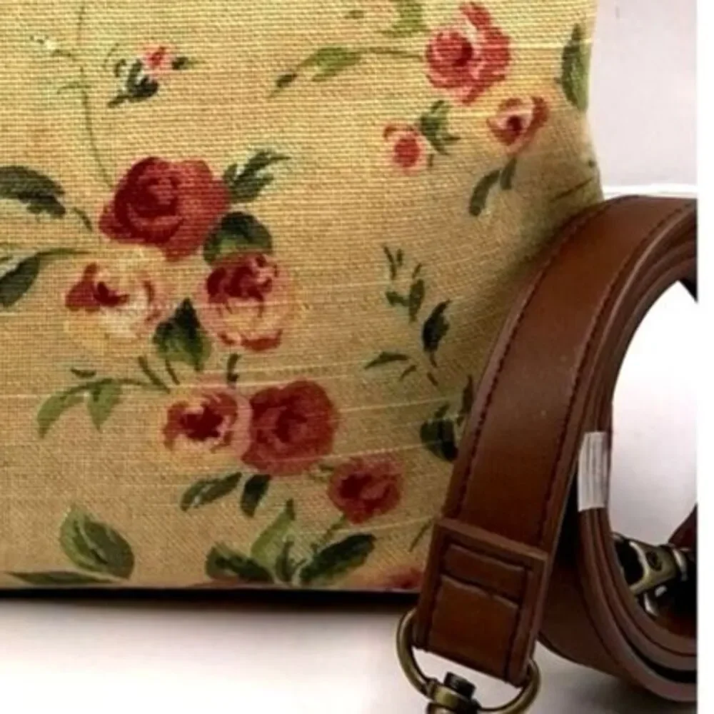 Fossil‎ Floral Canvas Top Handle Satchel Bag w/ Leather Trim & Strap